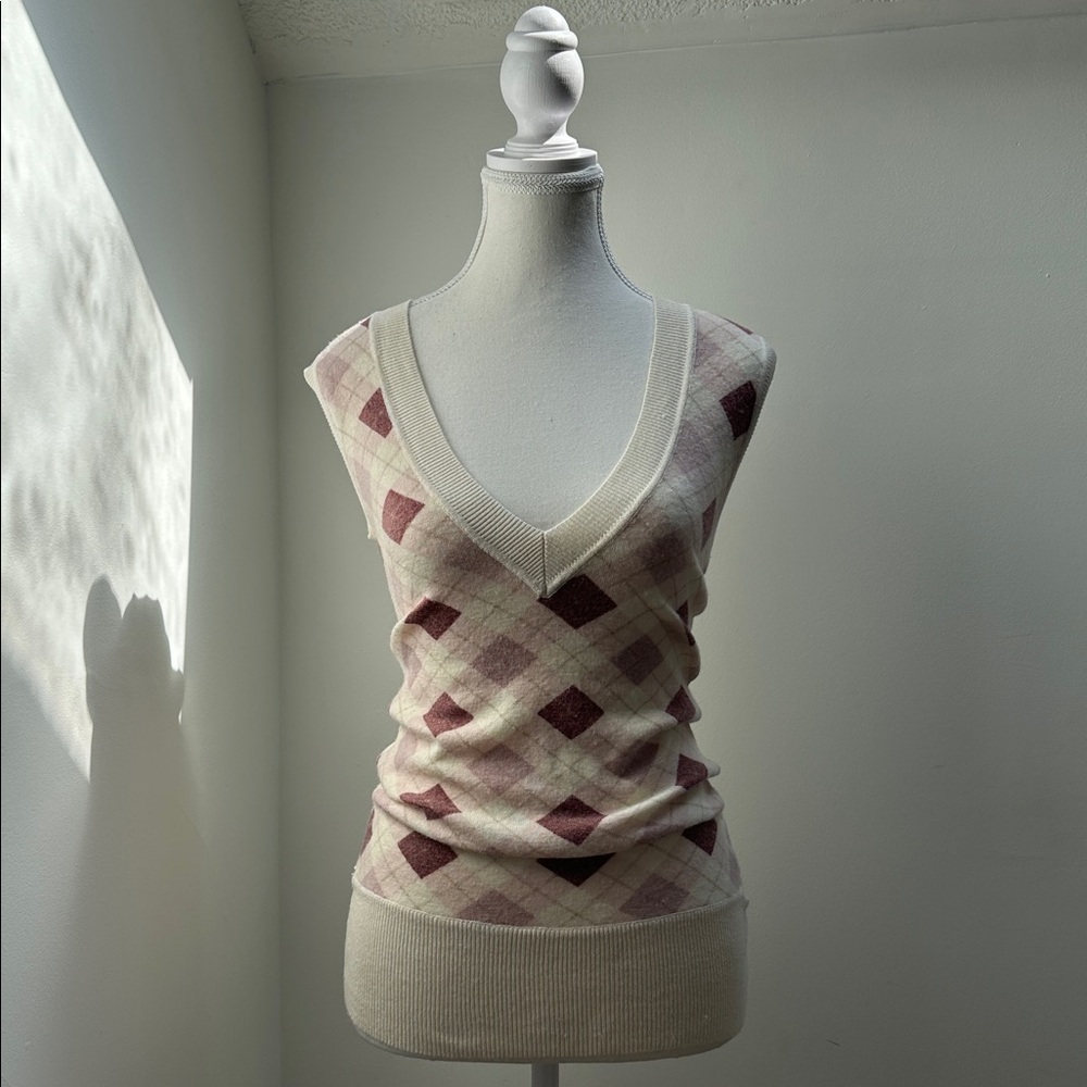 URBAN BEHAVIOR Pink Argyle Preppy Girly Y2K Long Vneck Vest Size Medium